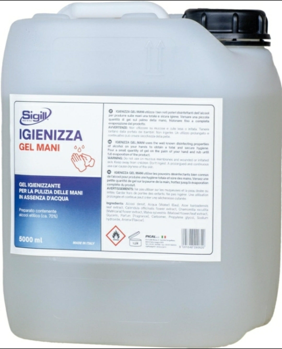 Gel igienizzante mani 70% alcool 5 litri